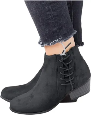 Gibobby Ankle Boots for Women Low Heel,Ankle Booties Round Toe Faux Stacked Chunky Heel Side Lace Up Short Winter Booties