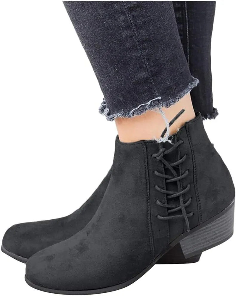 Gibobby Ankle Boots for Women Low Heel,Ankle Booties Round Toe Faux Stacked Chunky Heel Side Lace Up Short Winter Booties