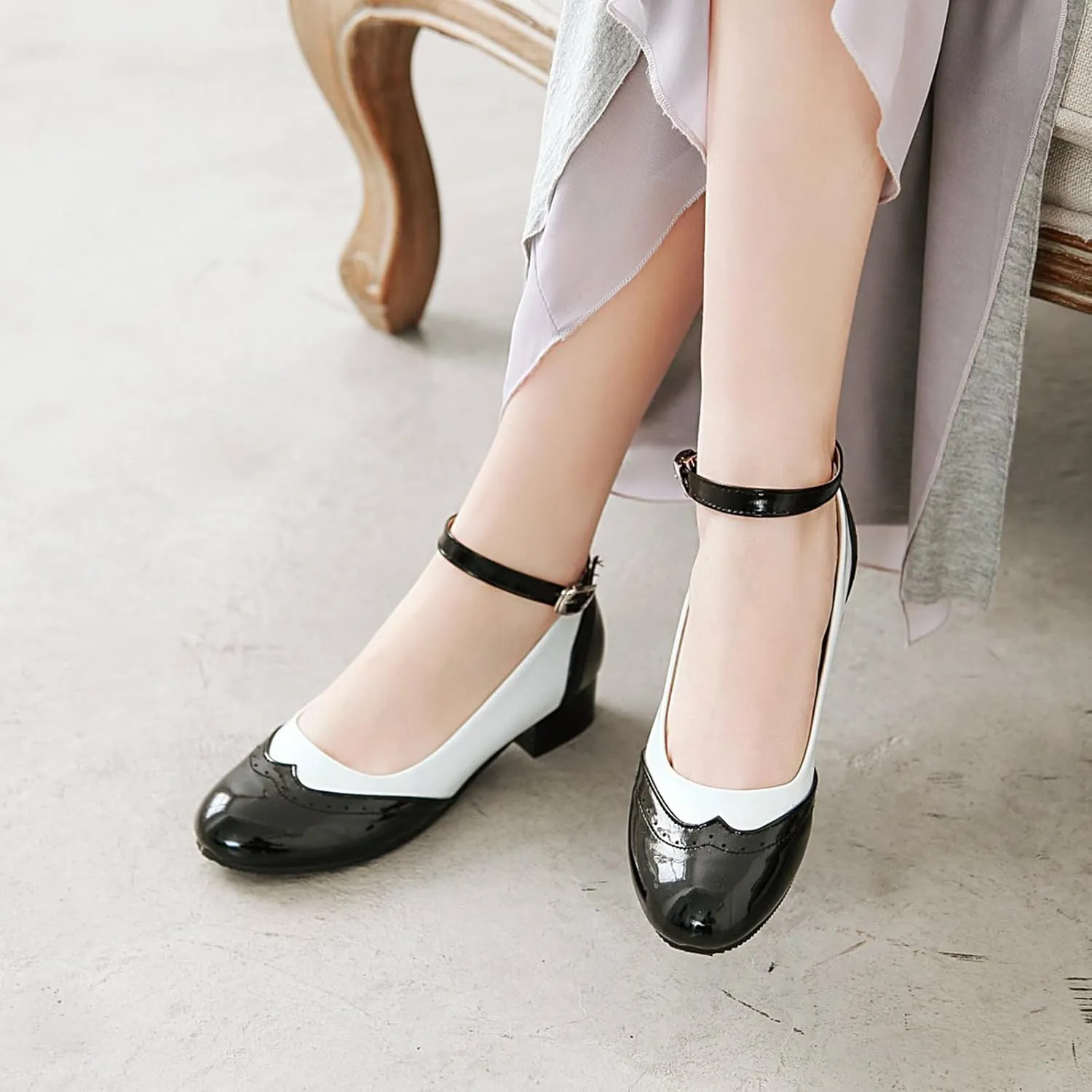 Gicoiz Brogue Mary Jane Women Patent Low Heels Pumps