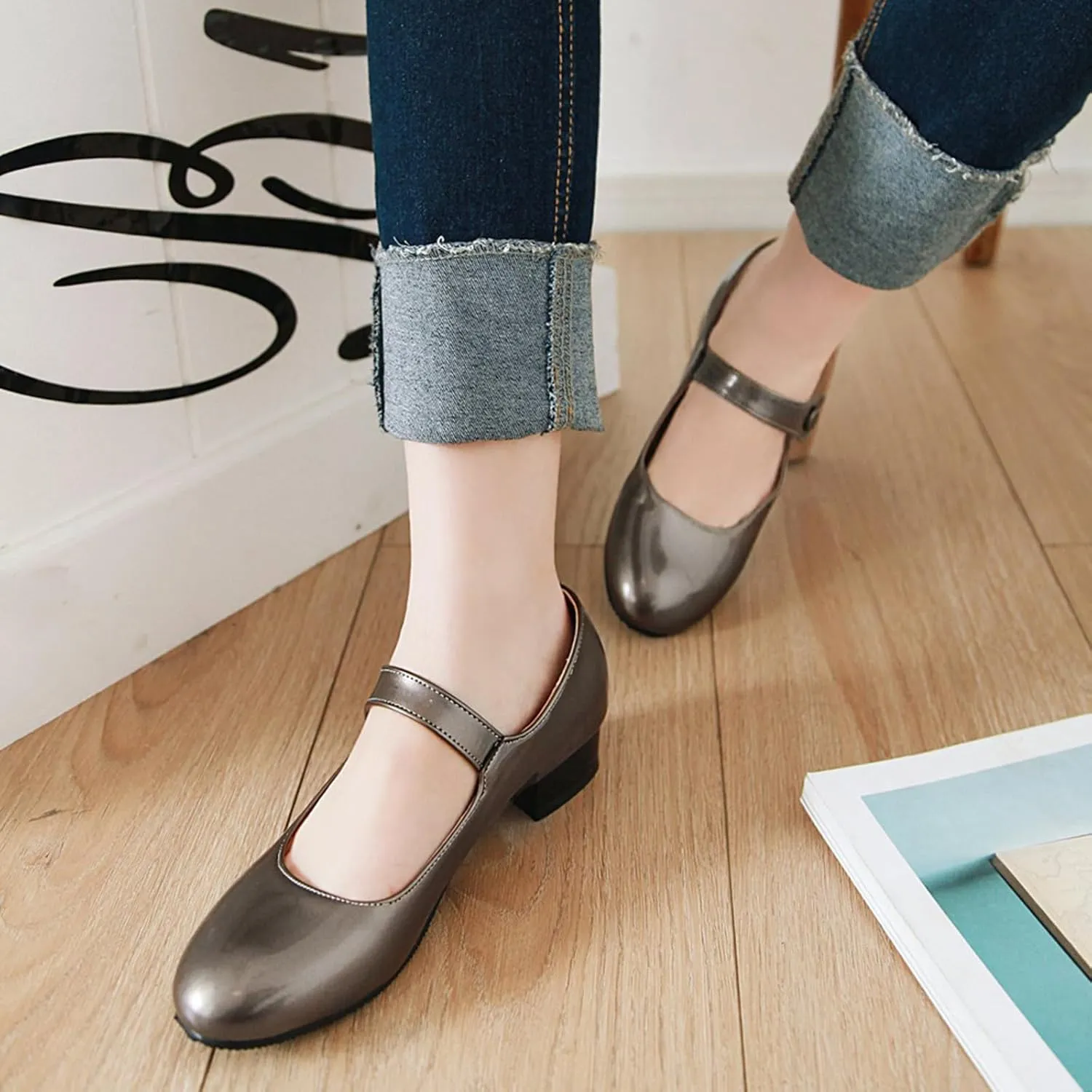 Gicoiz Brogue Mary Jane Women Patent Low Heels Pumps