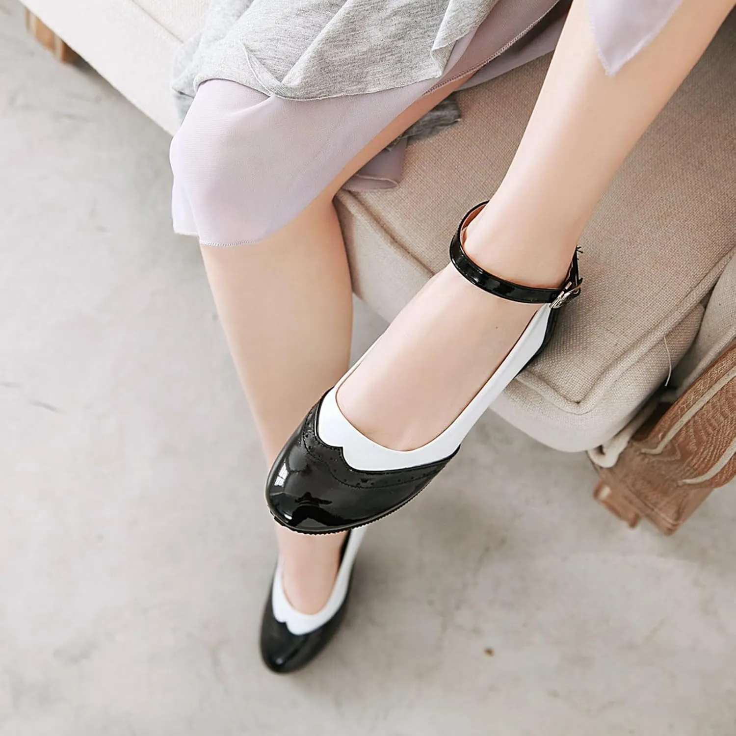 Gicoiz Brogue Mary Jane Women Patent Low Heels Pumps