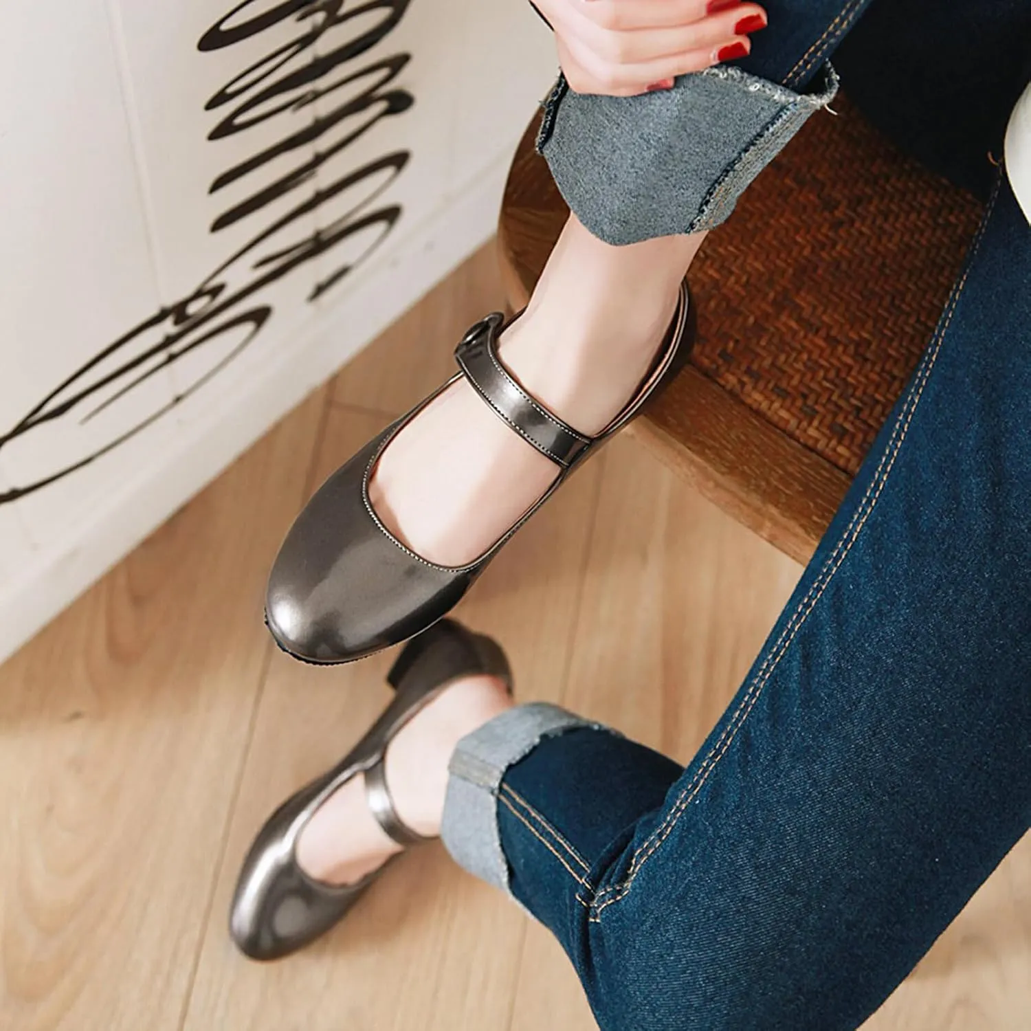 Gicoiz Brogue Mary Jane Women Patent Low Heels Pumps