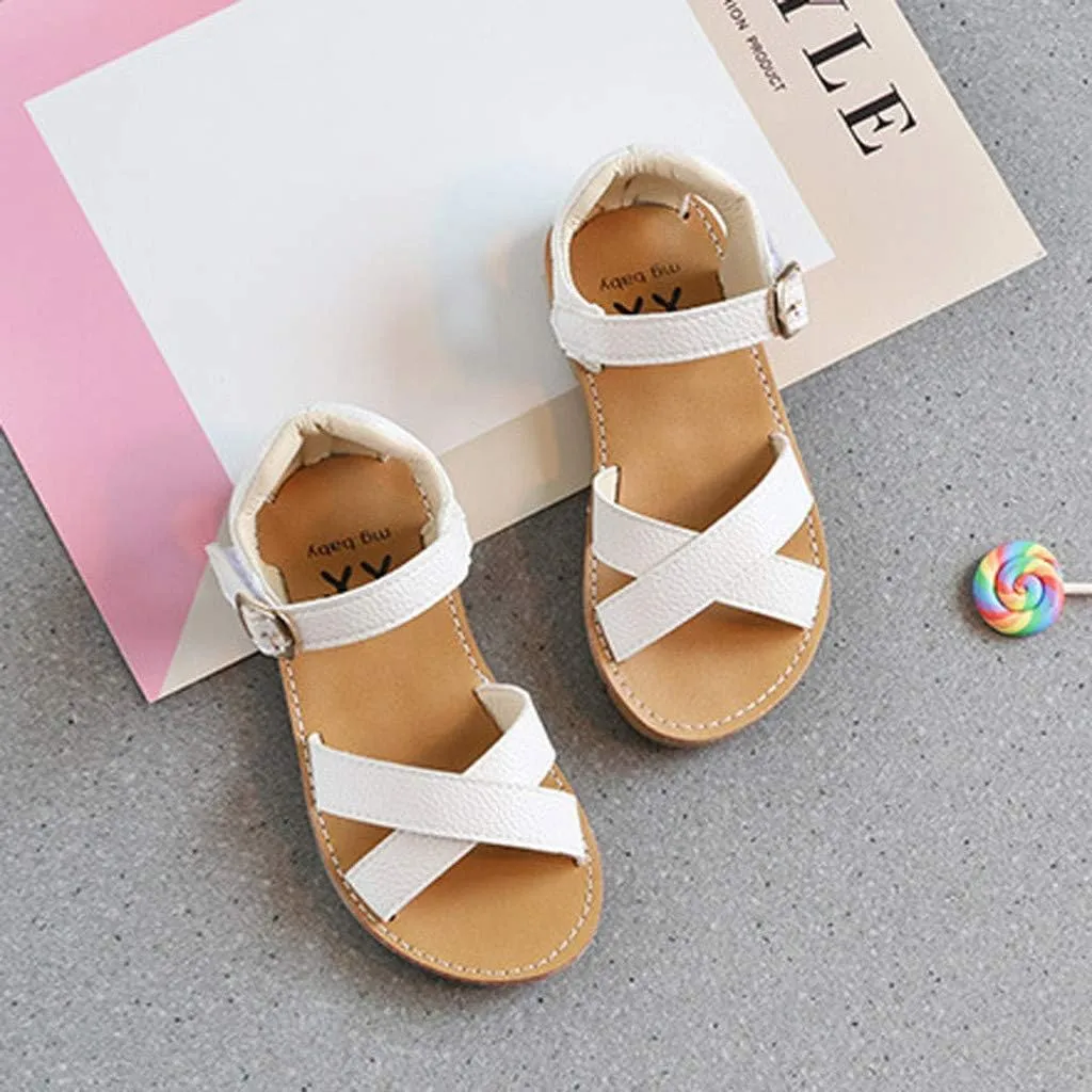 Girls Kids Rubber Sole Open Toe Leather Sandals 𝗟ow Heels Summer Ankle Outdoor Dress Shoes Toddler Dance Casual Loafers