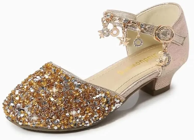 Girls Princess Low Heels Mary Jane Shoes Rhinestone Party Dance Shoes