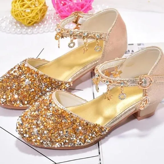 Girls Princess Low Heels Mary Jane Shoes Rhinestone Party Dance Shoes