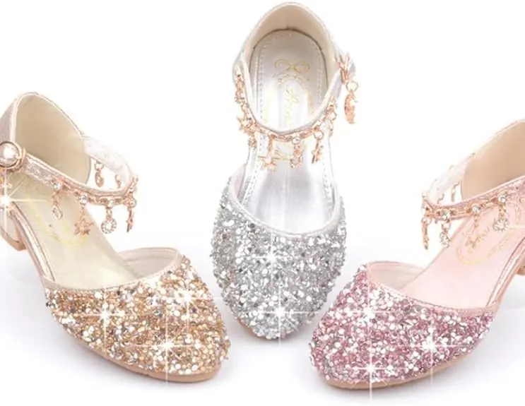 Girls Princess Low Heels Mary Jane Shoes Rhinestone Party Dance Shoes