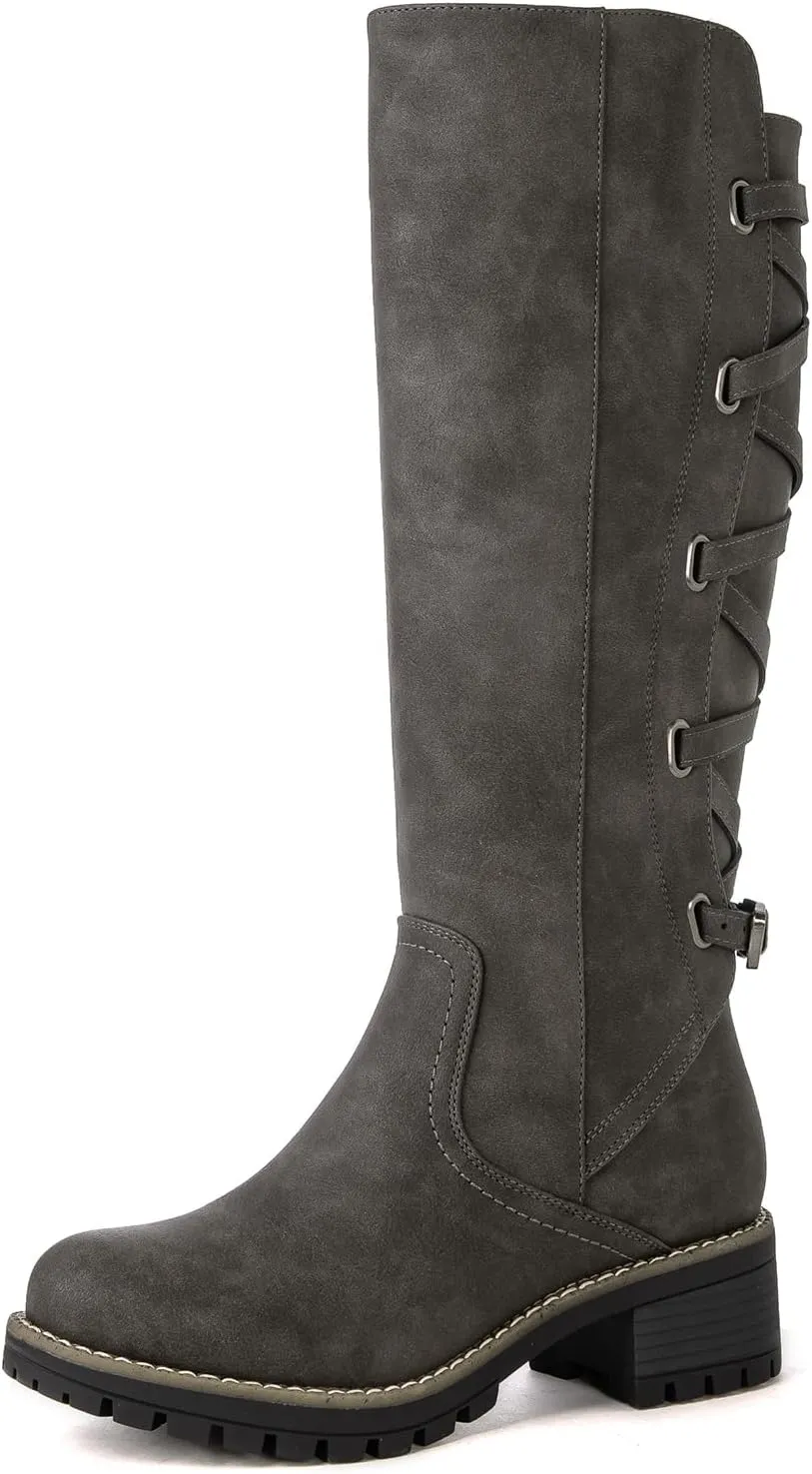 GLOBALWIN Women's Strappy Motorcycle Knee High Boots Riding Boots Back Lace Up Fall Winter Fashion Knee High Boots For Women