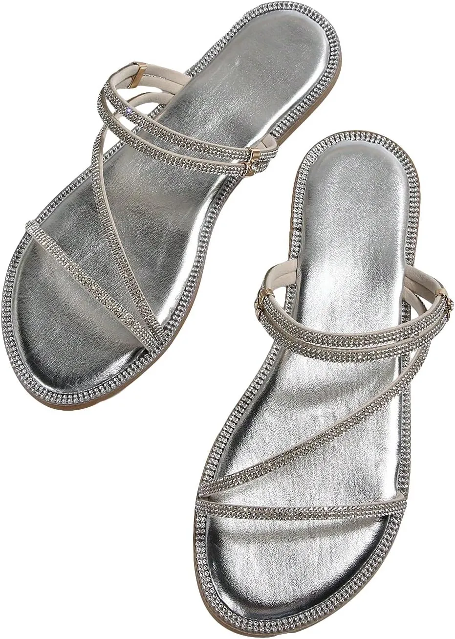 GORGLITTER Women's Rhinestone Sparkly Metallic Strappy Flat Sandals Cute Toe Slip on Slide Sandals