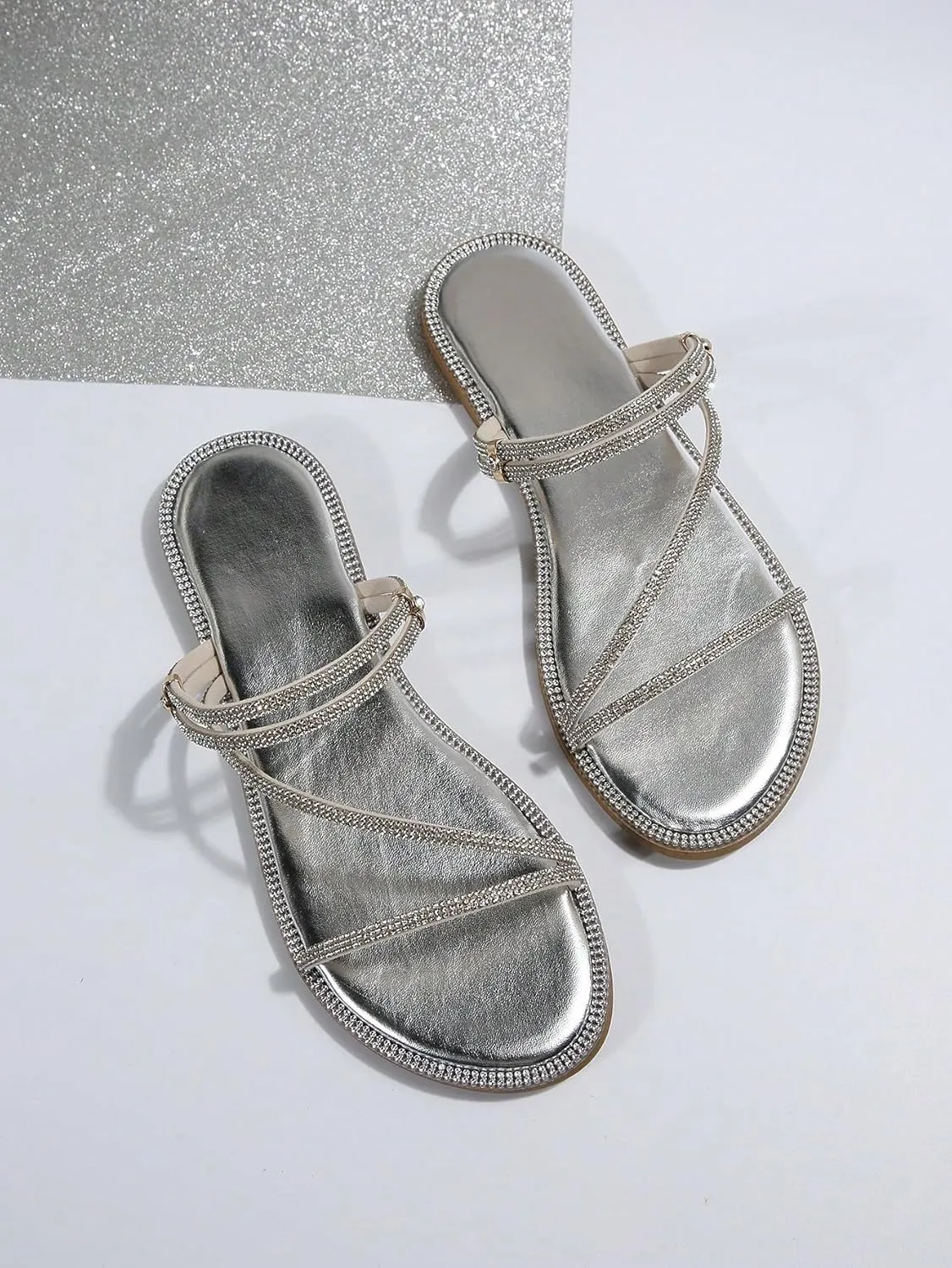 GORGLITTER Women's Rhinestone Sparkly Metallic Strappy Flat Sandals Cute Toe Slip on Slide Sandals