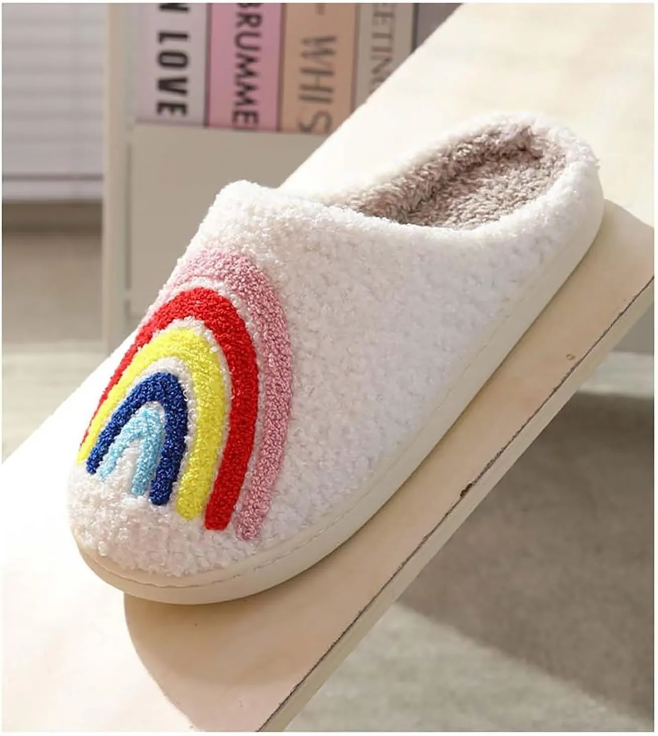 Happy rainbow slippers comfortable house slippers strawberry clouds plush slippers retro female cowboy boots cowboy hat slippers cactus cute furry winter indoor outdoor warm slippers