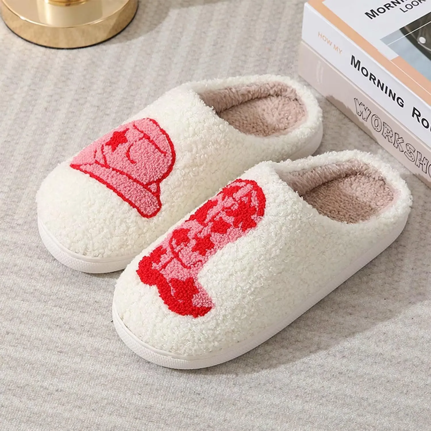 Happy rainbow slippers comfortable house slippers strawberry clouds plush slippers retro female cowboy boots cowboy hat slippers cactus cute furry winter indoor outdoor warm slippers