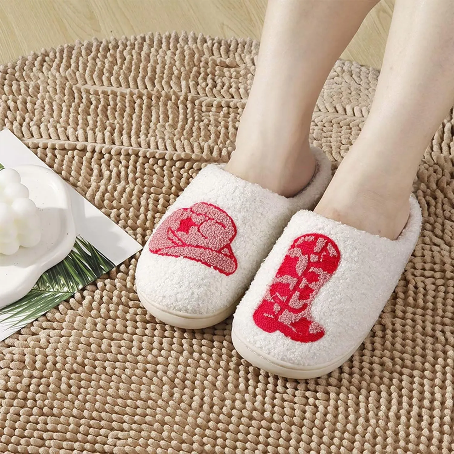 Happy rainbow slippers comfortable house slippers strawberry clouds plush slippers retro female cowboy boots cowboy hat slippers cactus cute furry winter indoor outdoor warm slippers