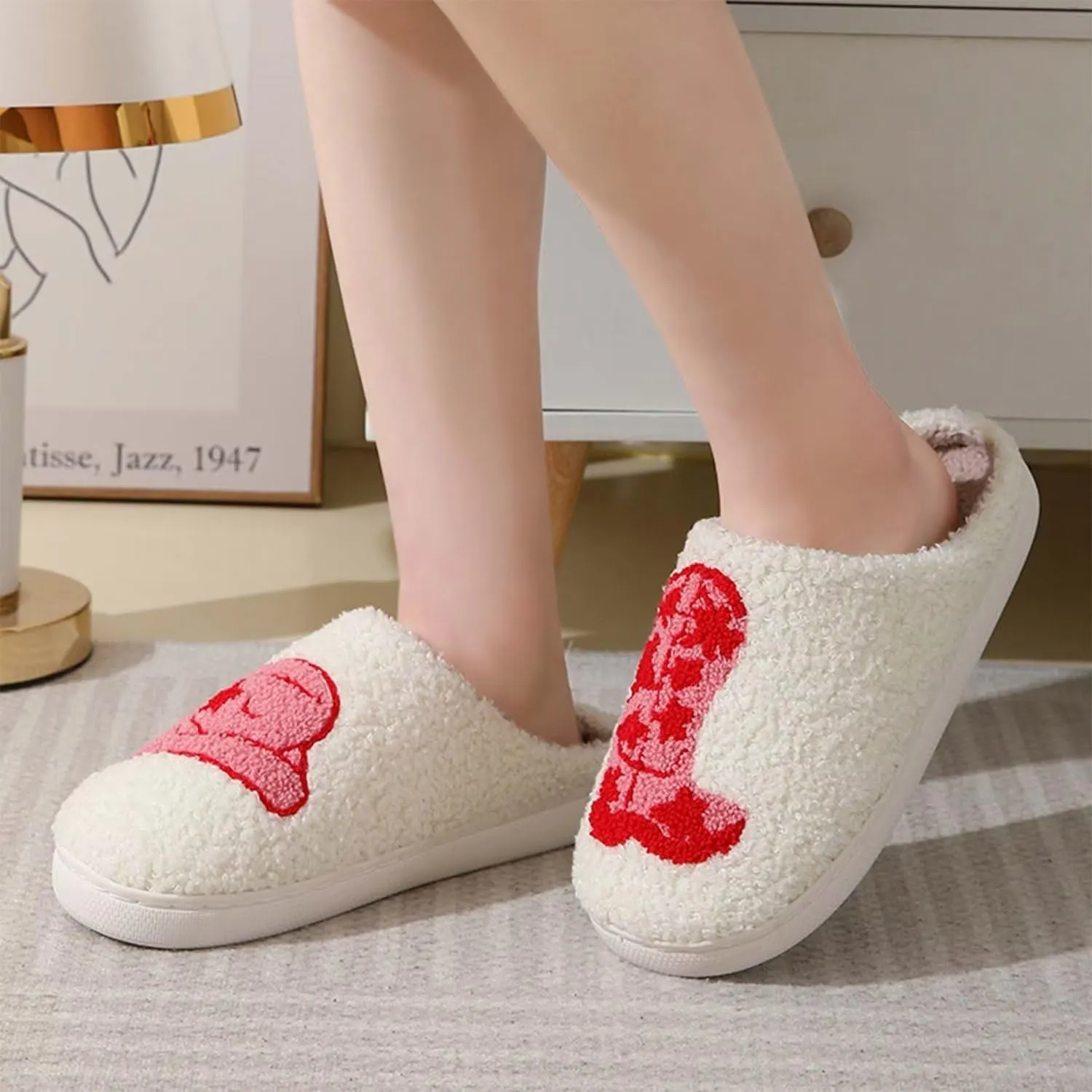 Happy rainbow slippers comfortable house slippers strawberry clouds plush slippers retro female cowboy boots cowboy hat slippers cactus cute furry winter indoor outdoor warm slippers