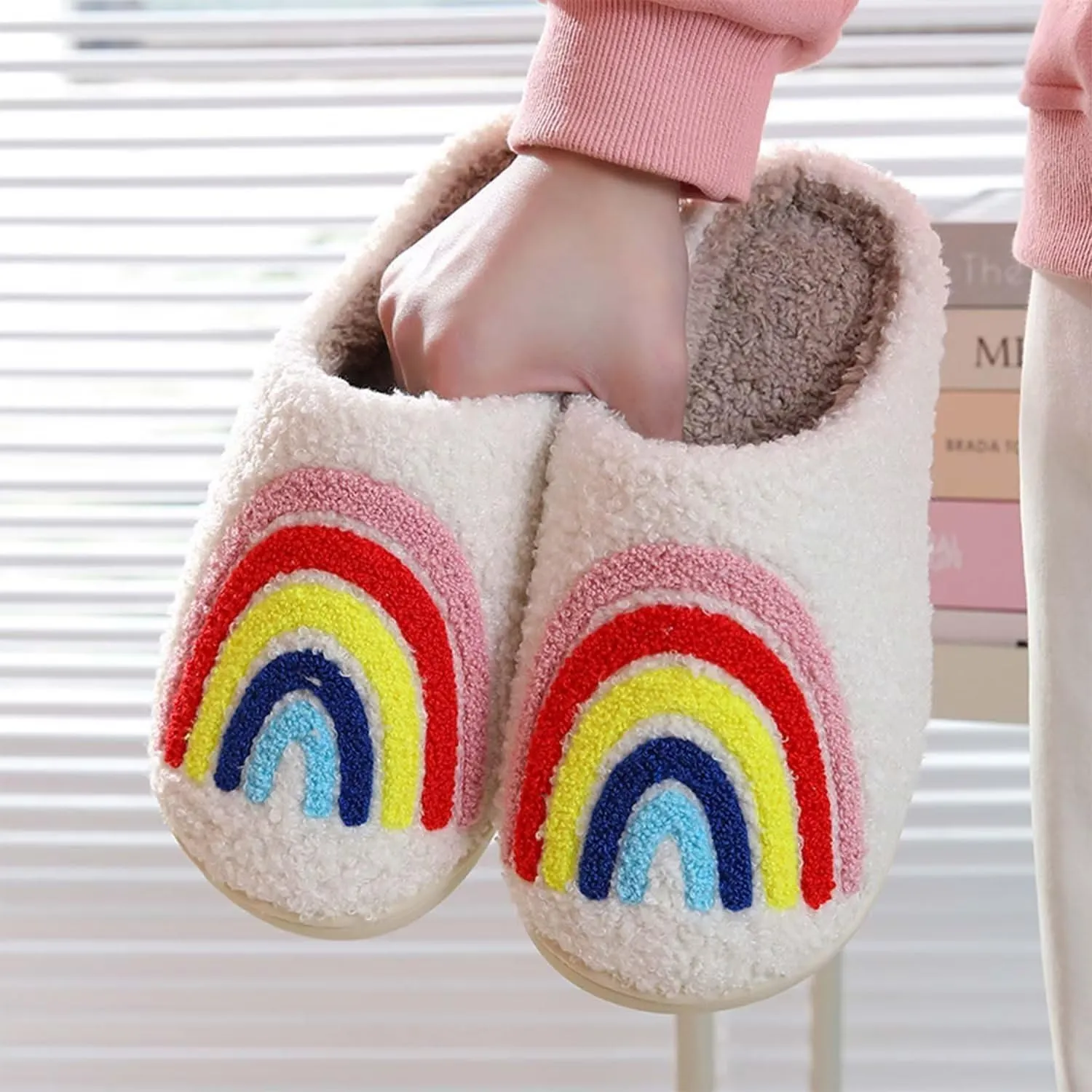 Happy rainbow slippers comfortable house slippers strawberry clouds plush slippers retro female cowboy boots cowboy hat slippers cactus cute furry winter indoor outdoor warm slippers