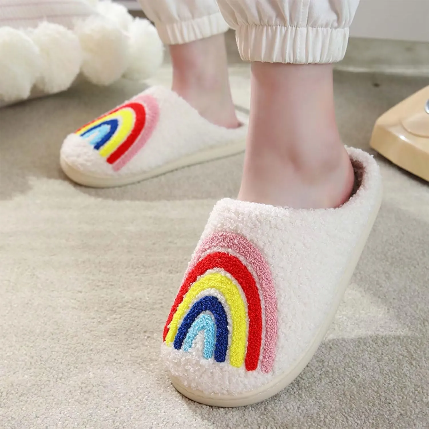 Happy rainbow slippers comfortable house slippers strawberry clouds plush slippers retro female cowboy boots cowboy hat slippers cactus cute furry winter indoor outdoor warm slippers