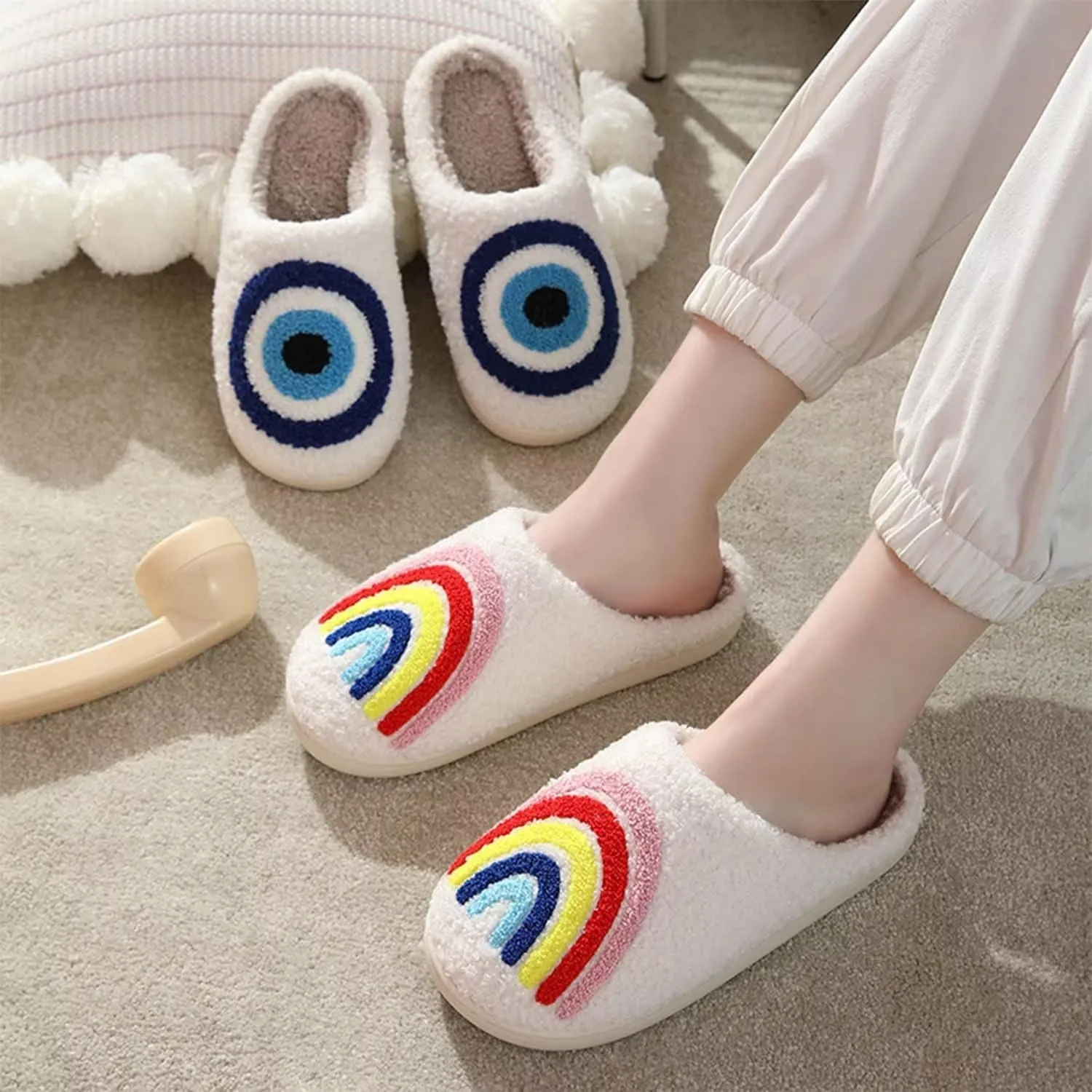 Happy rainbow slippers comfortable house slippers strawberry clouds plush slippers retro female cowboy boots cowboy hat slippers cactus cute furry winter indoor outdoor warm slippers