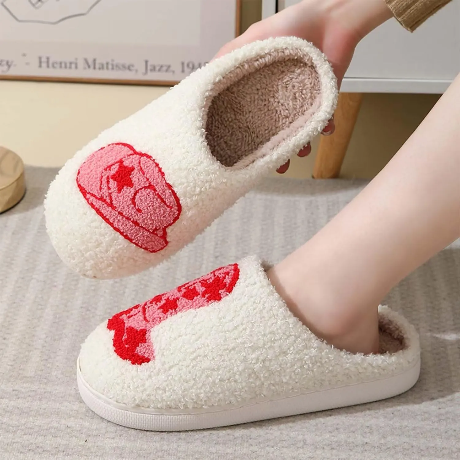 Happy rainbow slippers comfortable house slippers strawberry clouds plush slippers retro female cowboy boots cowboy hat slippers cactus cute furry winter indoor outdoor warm slippers