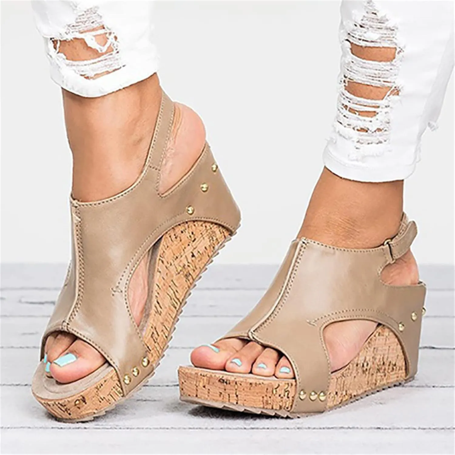 HINDOLA Women's Platform Sandals Wedge Ankle Strap Open Toe Sandals Summer Leather Espadrilles Shoes