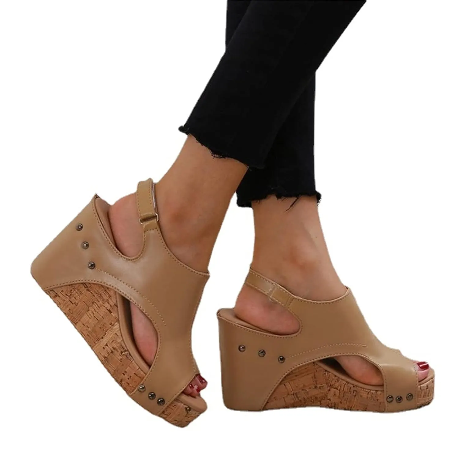 HINDOLA Women's Platform Sandals Wedge Ankle Strap Open Toe Sandals Summer Leather Espadrilles Shoes