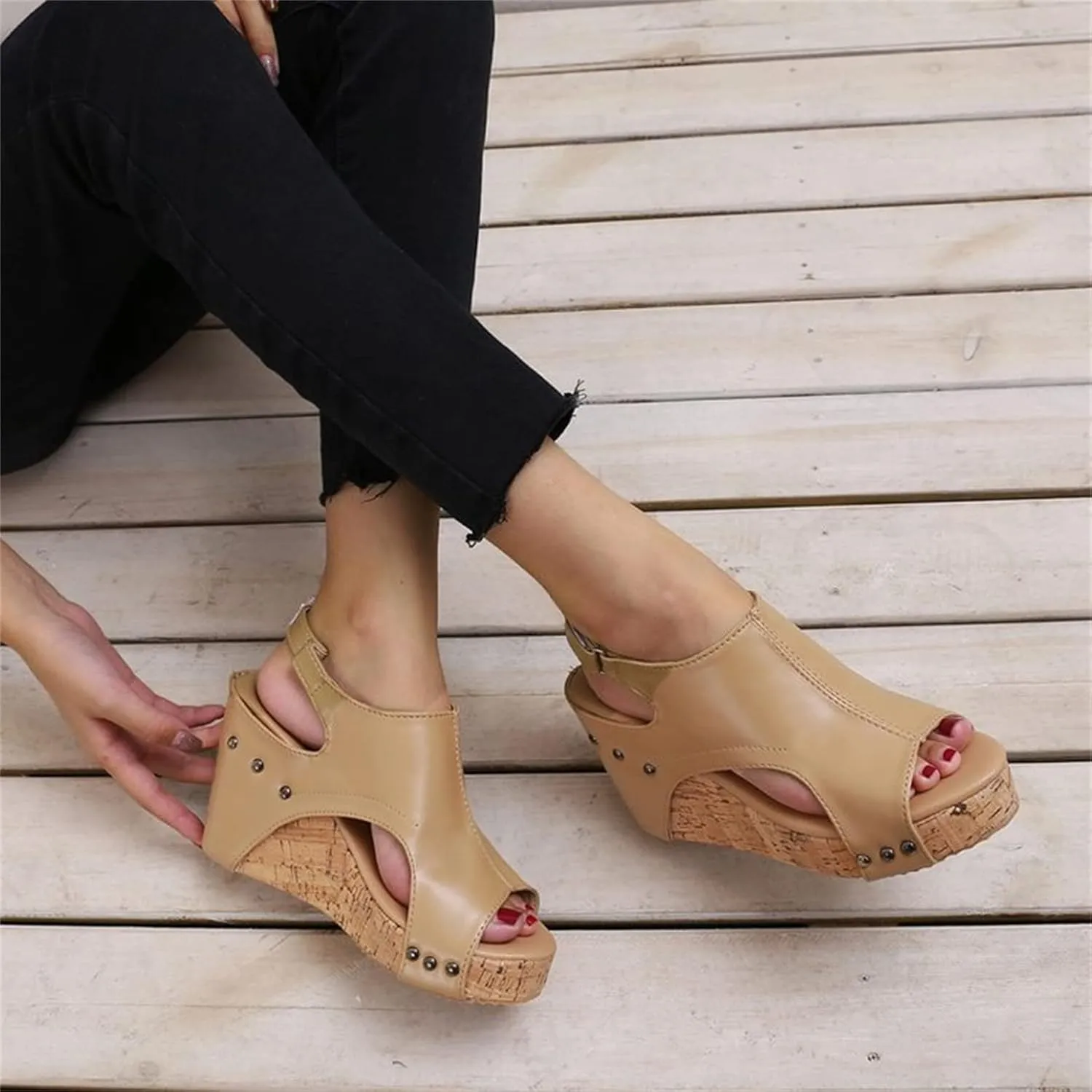 HINDOLA Women's Platform Sandals Wedge Ankle Strap Open Toe Sandals Summer Leather Espadrilles Shoes