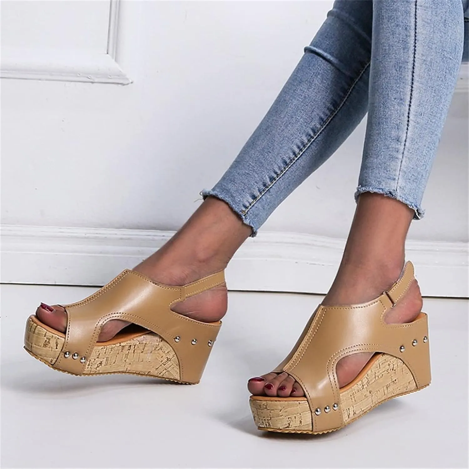 HINDOLA Women's Platform Sandals Wedge Ankle Strap Open Toe Sandals Summer Leather Espadrilles Shoes