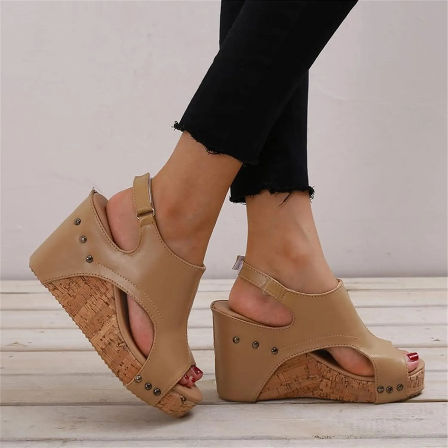 HINDOLA Women's Platform Sandals Wedge Ankle Strap Open Toe Sandals Summer Leather Espadrilles Shoes