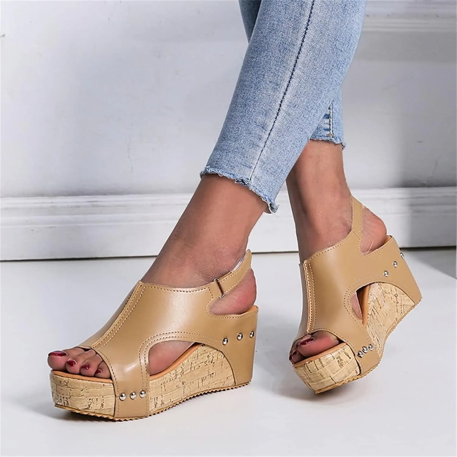 HINDOLA Women's Platform Sandals Wedge Ankle Strap Open Toe Sandals Summer Leather Espadrilles Shoes