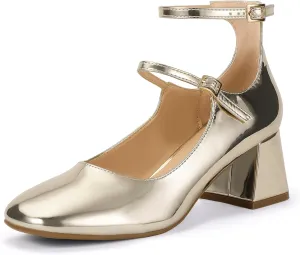IDIFU IN2 Mary Jane Shoes Low Block Chunky Closed Toe Heels Dress Shoes for Women Square Toe Ankle Strap Wedding Prom Work Office Dressy Heels Comfortable Vintage Trendy Short Pumps