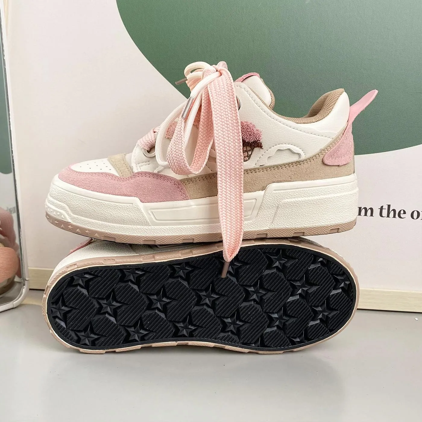 Loizziuy Pink Ice Cream Y2K Cute Canvas Shoes Casual Sneakers Sneaker Lace Up Comfort Platform Walking with Zipper for Women Girls