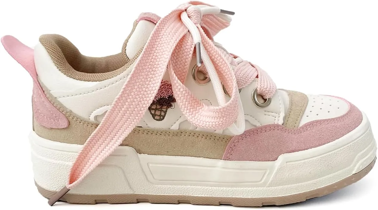 Loizziuy Pink Ice Cream Y2K Cute Canvas Shoes Casual Sneakers Sneaker Lace Up Comfort Platform Walking with Zipper for Women Girls