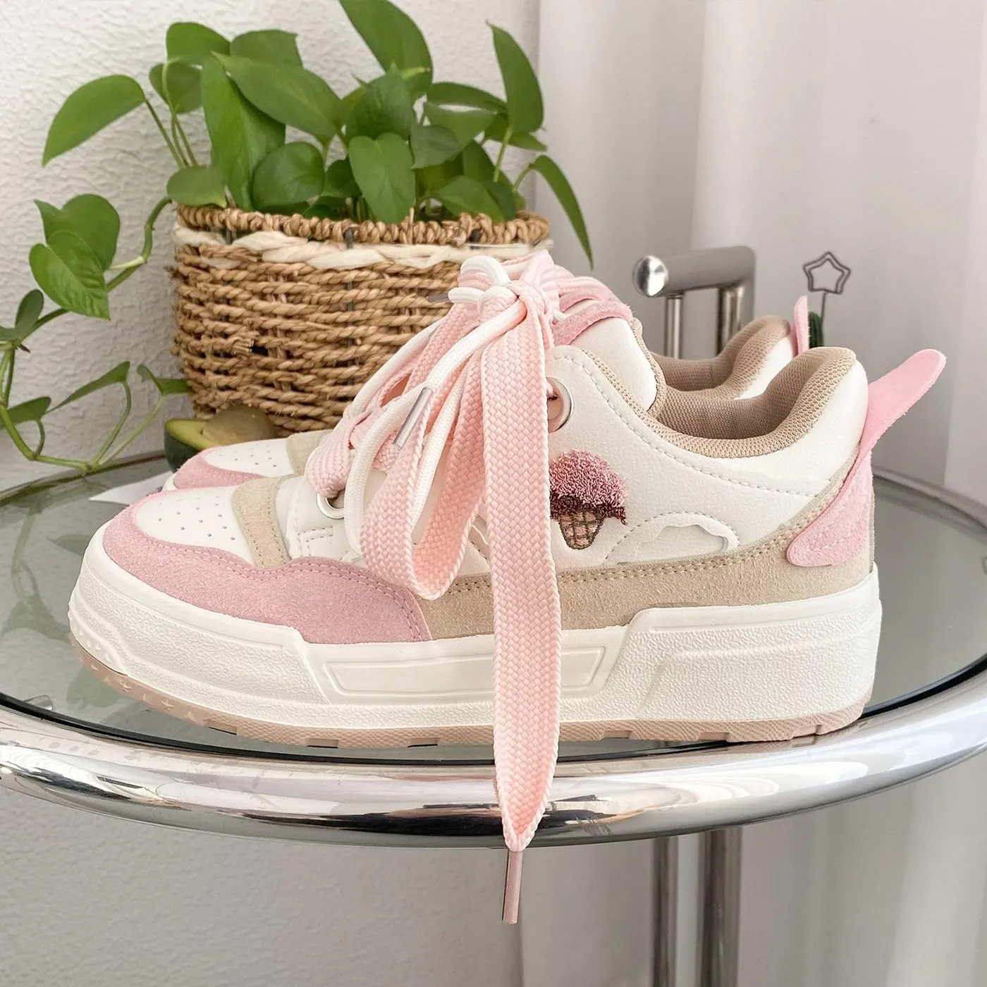Loizziuy Pink Ice Cream Y2K Cute Canvas Shoes Casual Sneakers Sneaker Lace Up Comfort Platform Walking with Zipper for Women Girls