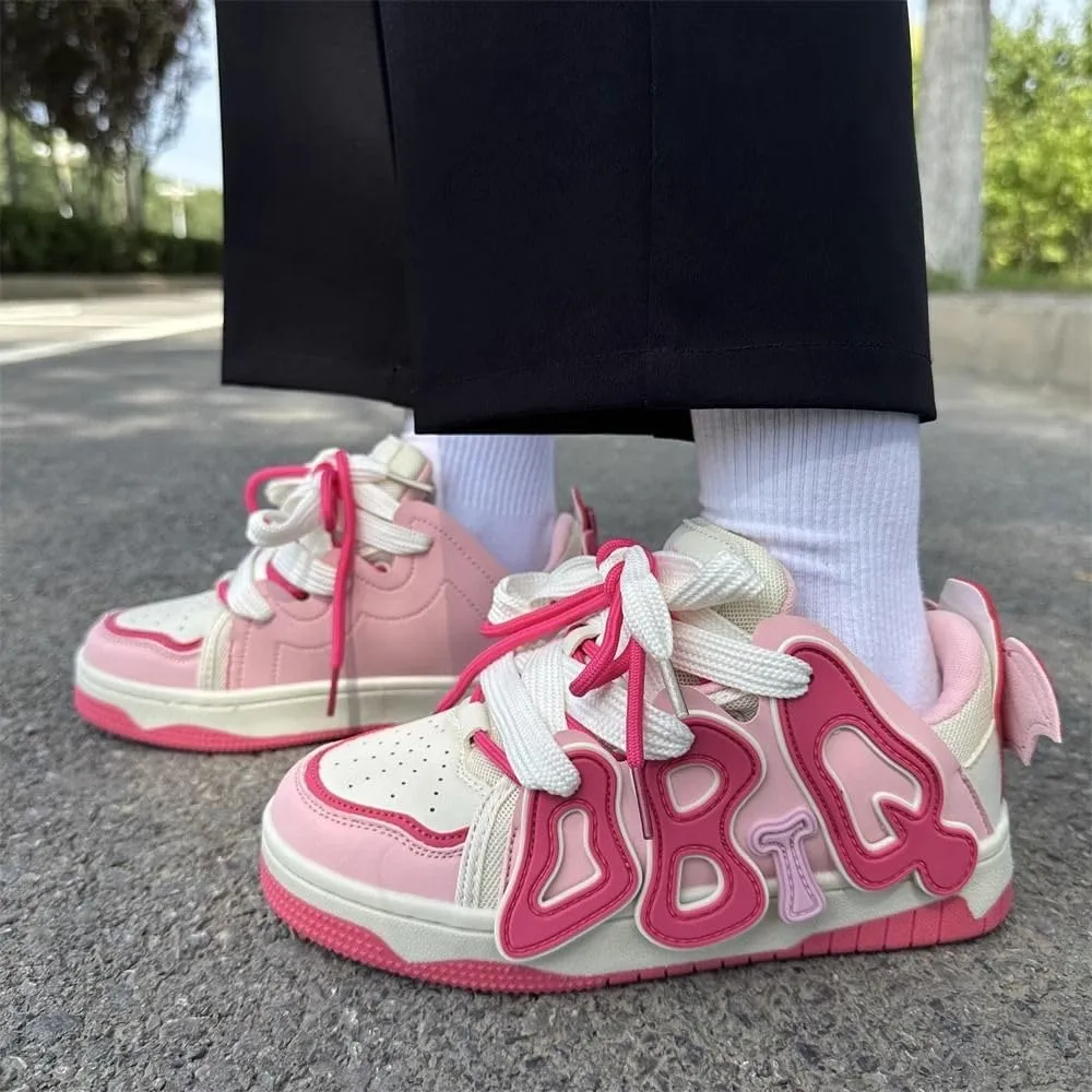 Loizziuy Pink Strawberry Cute Sneakers Canvas Shoes Y2K Casual Sneaker Lace Up Comfort Platform Walking Zipper for Women Girls