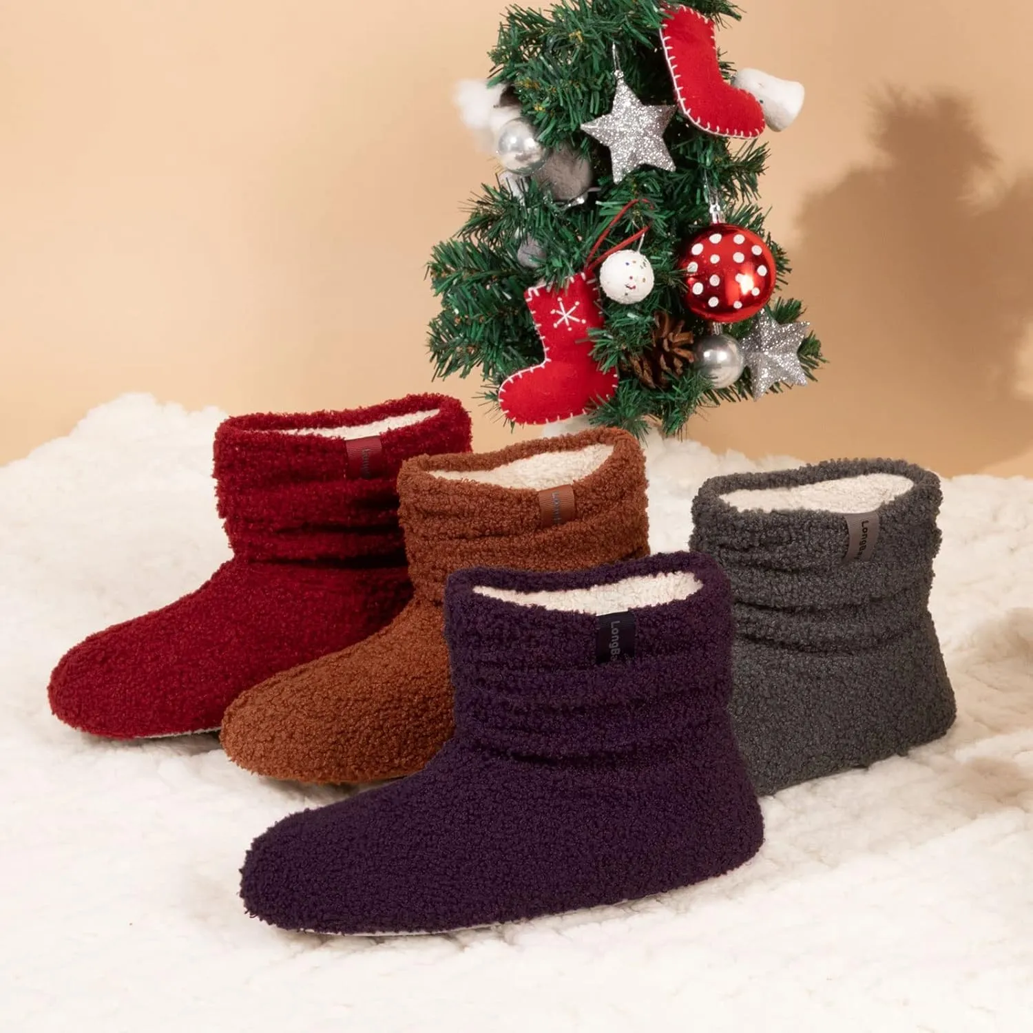 LongBay Womens Warm Curly Fur Bootie Slippers Comfy Plush Fleece Boots Memory Foam House Shoes