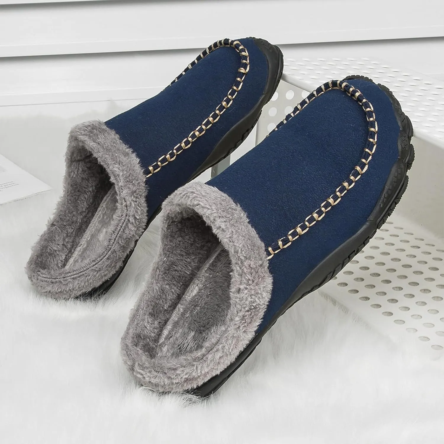 Lossarye Men's Winter Warm Moccasin Slippers,Slip-on Memory Foam Lightweight Anti-Slip Cozy Fuzzy House Slippers Wide Indoor Outdoor Shoes