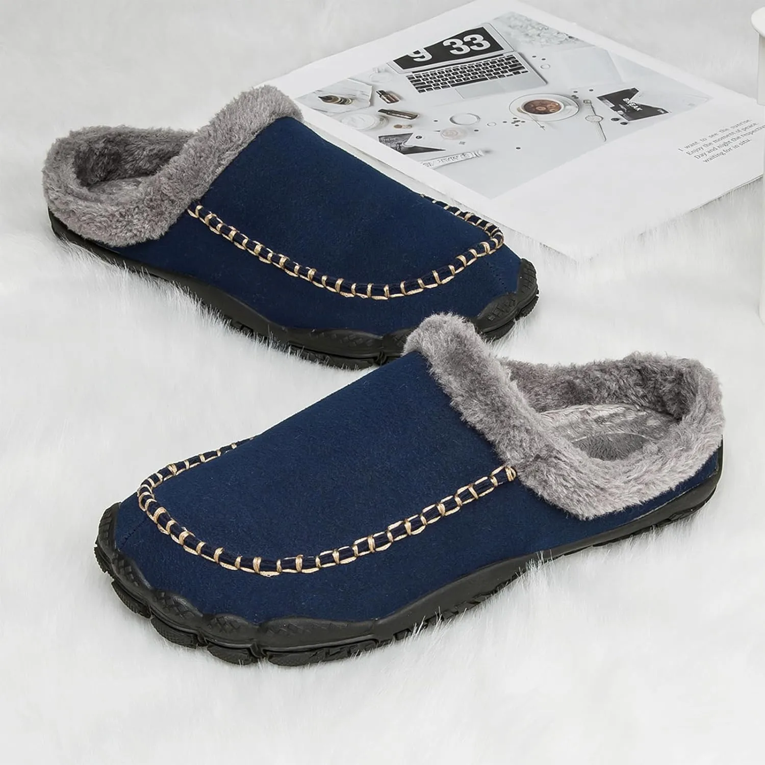 Lossarye Men's Winter Warm Moccasin Slippers,Slip-on Memory Foam Lightweight Anti-Slip Cozy Fuzzy House Slippers Wide Indoor Outdoor Shoes