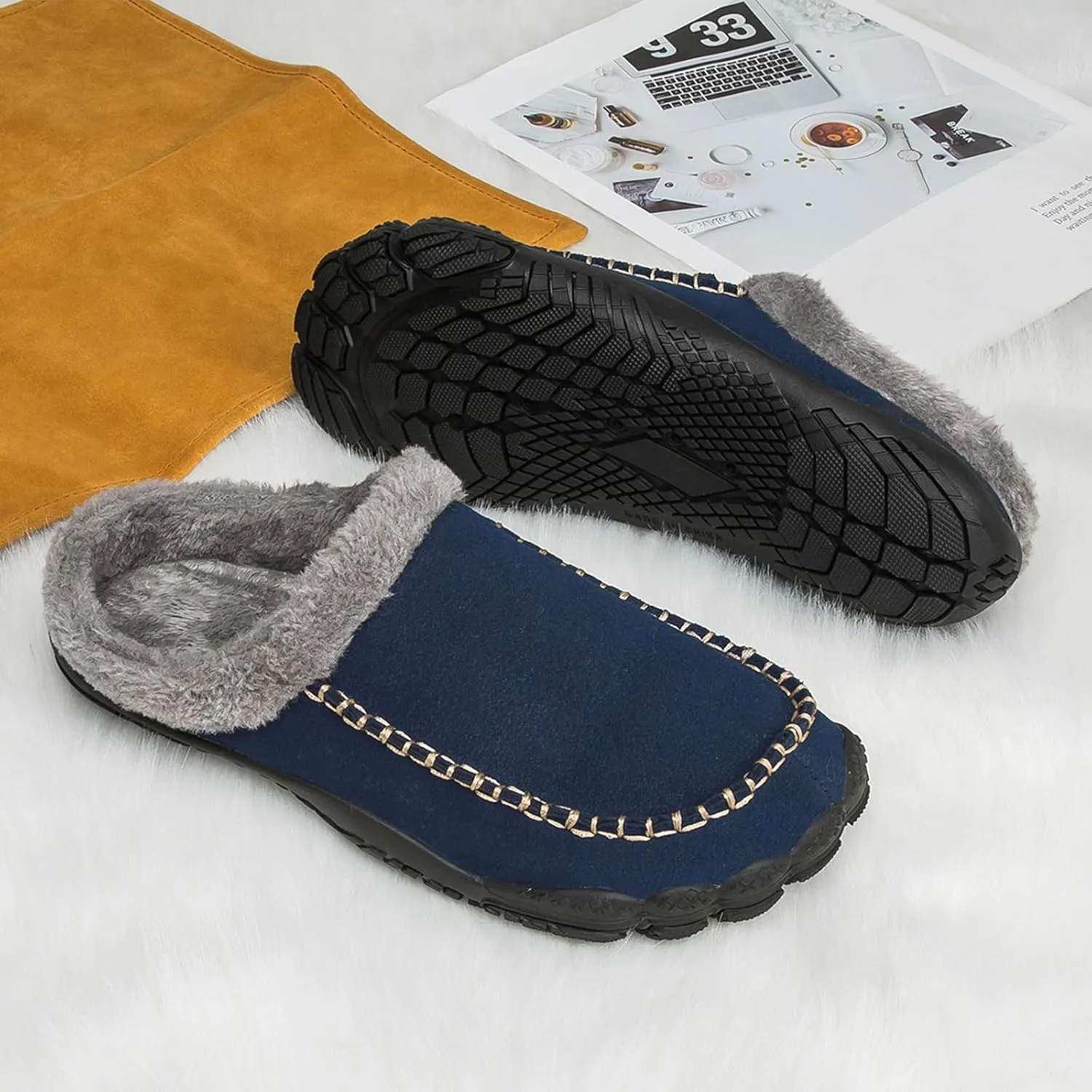 Lossarye Men's Winter Warm Moccasin Slippers,Slip-on Memory Foam Lightweight Anti-Slip Cozy Fuzzy House Slippers Wide Indoor Outdoor Shoes