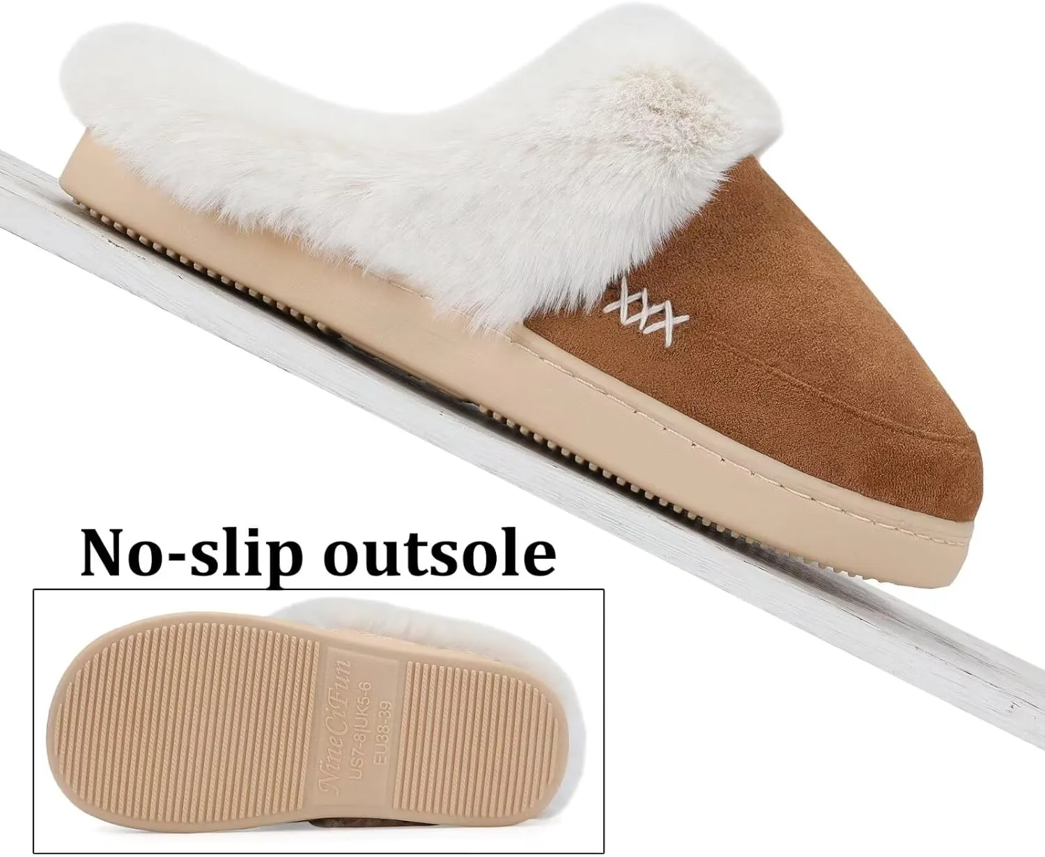NineCiFun Women's and Men's Suede House Slippers Slip on Fuzzy Slippers with Faux Fur Lining Indoor Outdoor Home Shoes with Rubber Sole