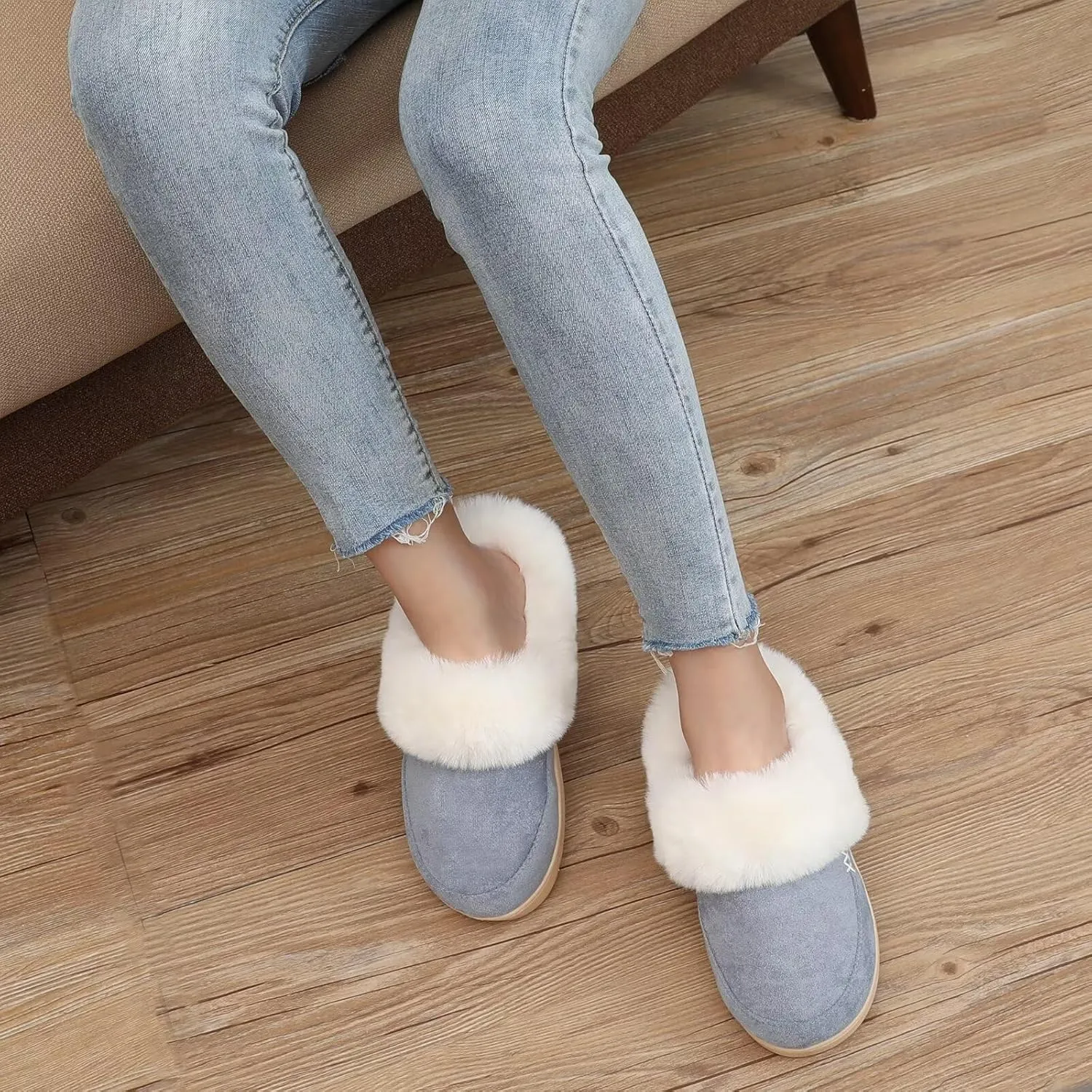 NineCiFun Women's and Men's Suede House Slippers Slip on Fuzzy Slippers with Faux Fur Lining Indoor Outdoor Home Shoes with Rubber Sole