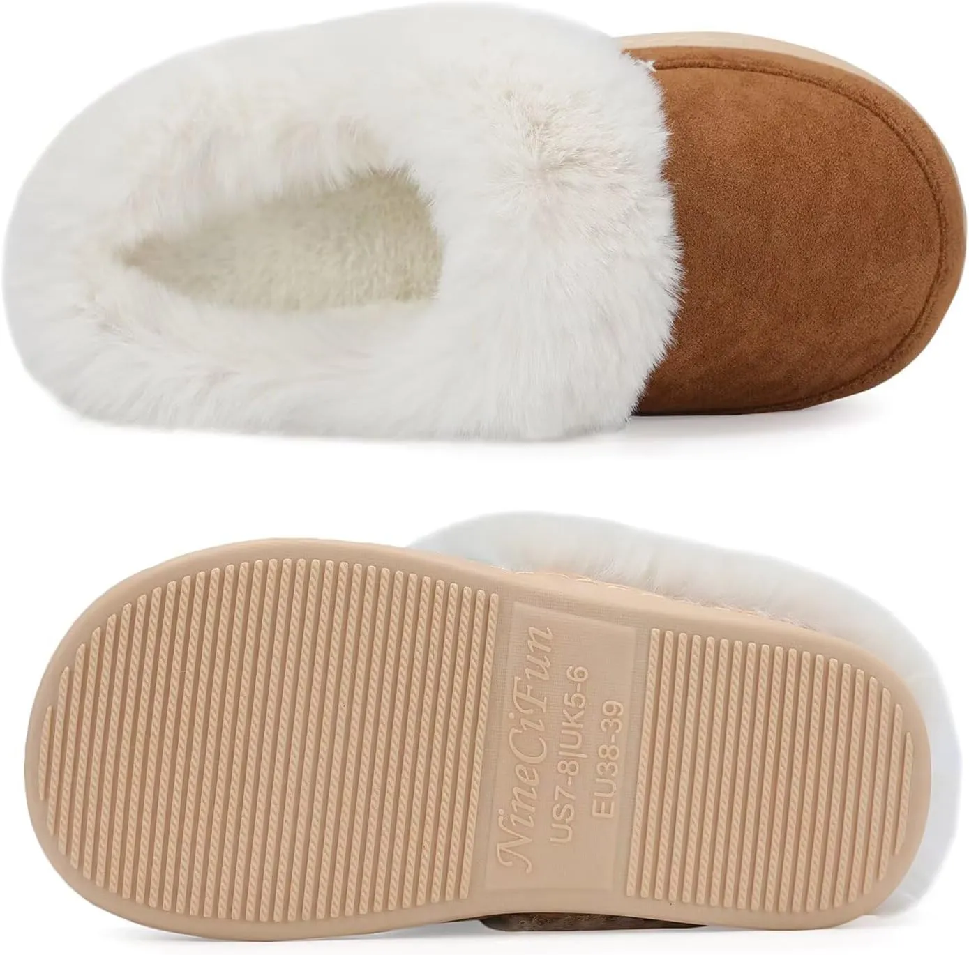 NineCiFun Women's and Men's Suede House Slippers Slip on Fuzzy Slippers with Faux Fur Lining Indoor Outdoor Home Shoes with Rubber Sole