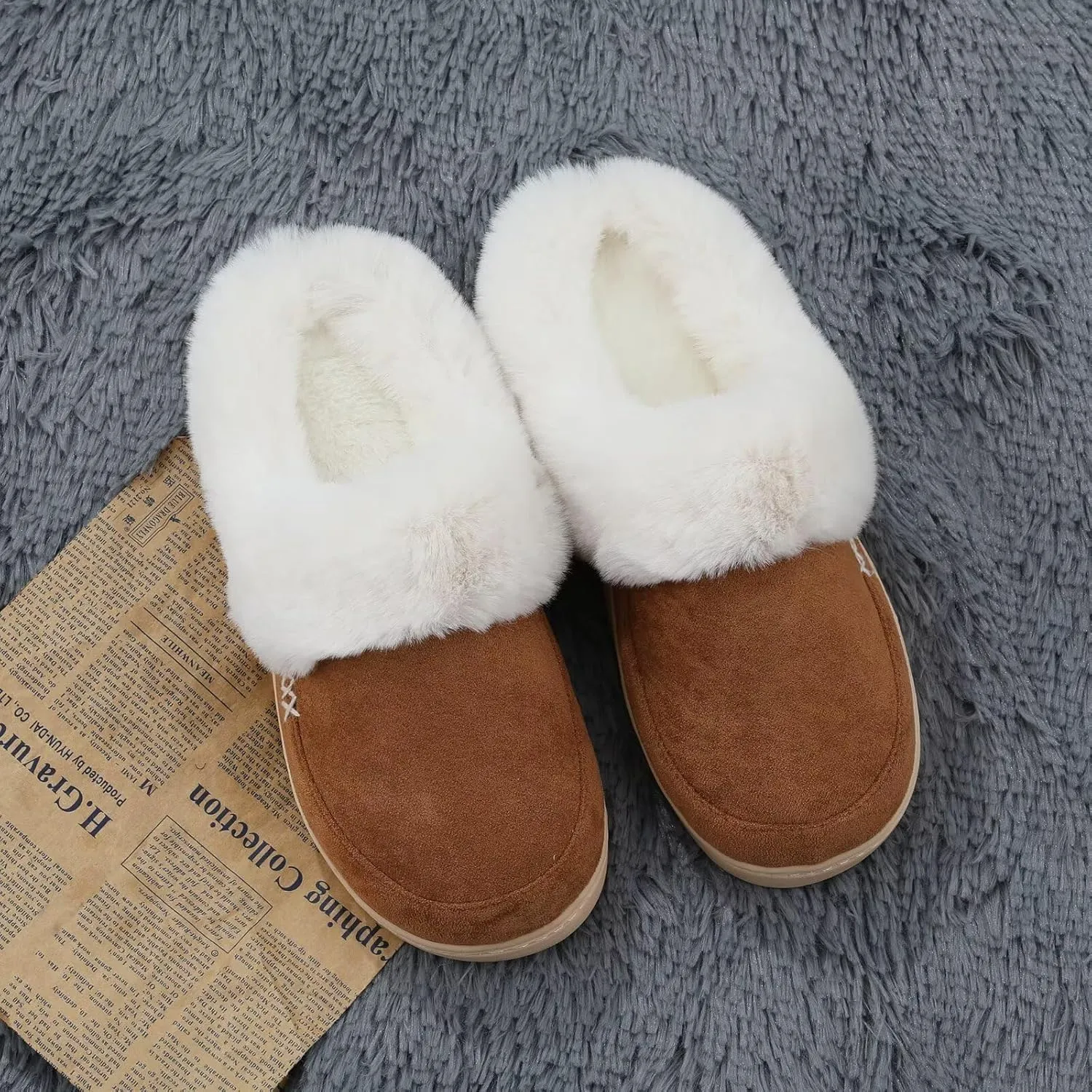NineCiFun Women's and Men's Suede House Slippers Slip on Fuzzy Slippers with Faux Fur Lining Indoor Outdoor Home Shoes with Rubber Sole