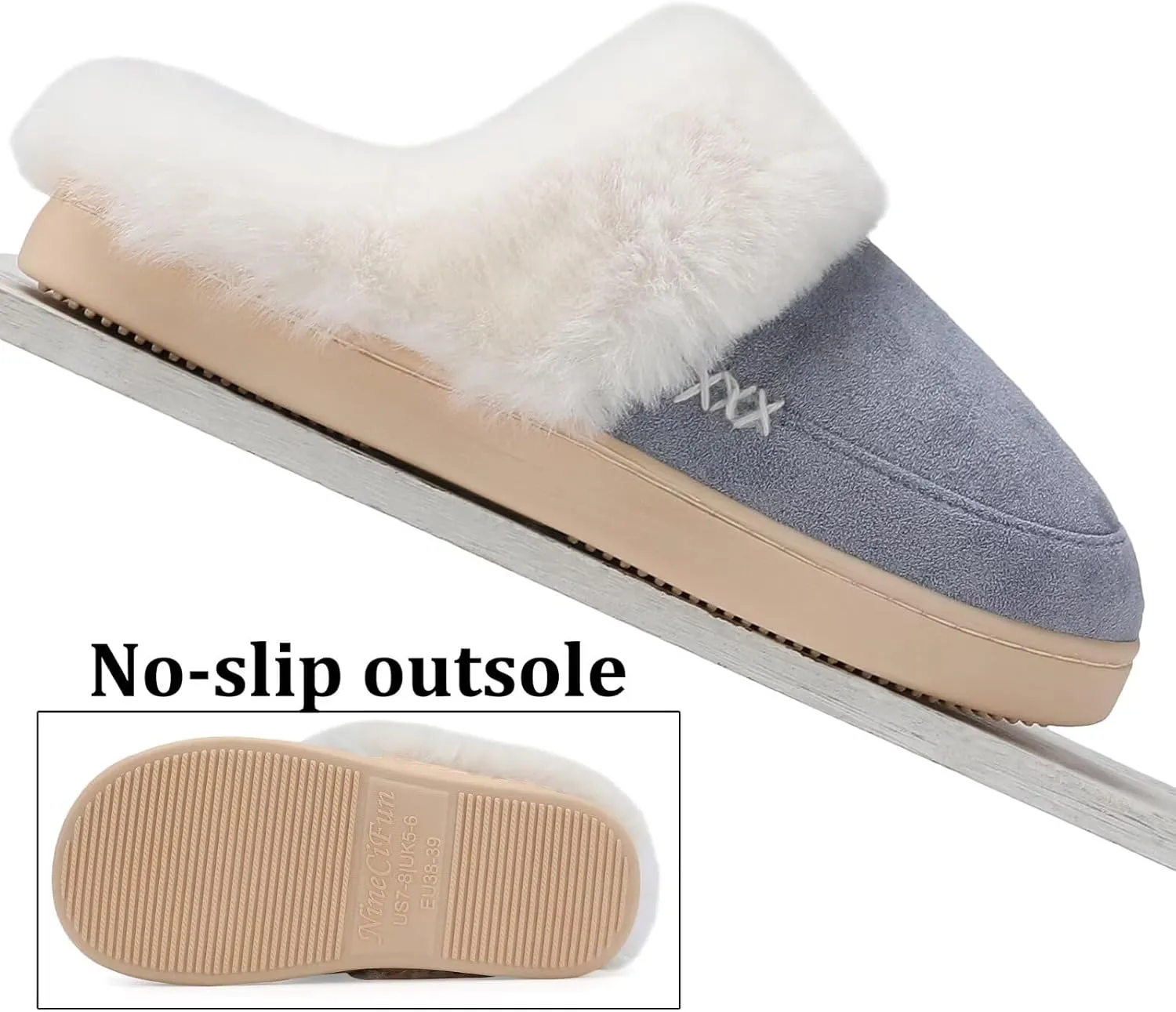 NineCiFun Women's and Men's Suede House Slippers Slip on Fuzzy Slippers with Faux Fur Lining Indoor Outdoor Home Shoes with Rubber Sole