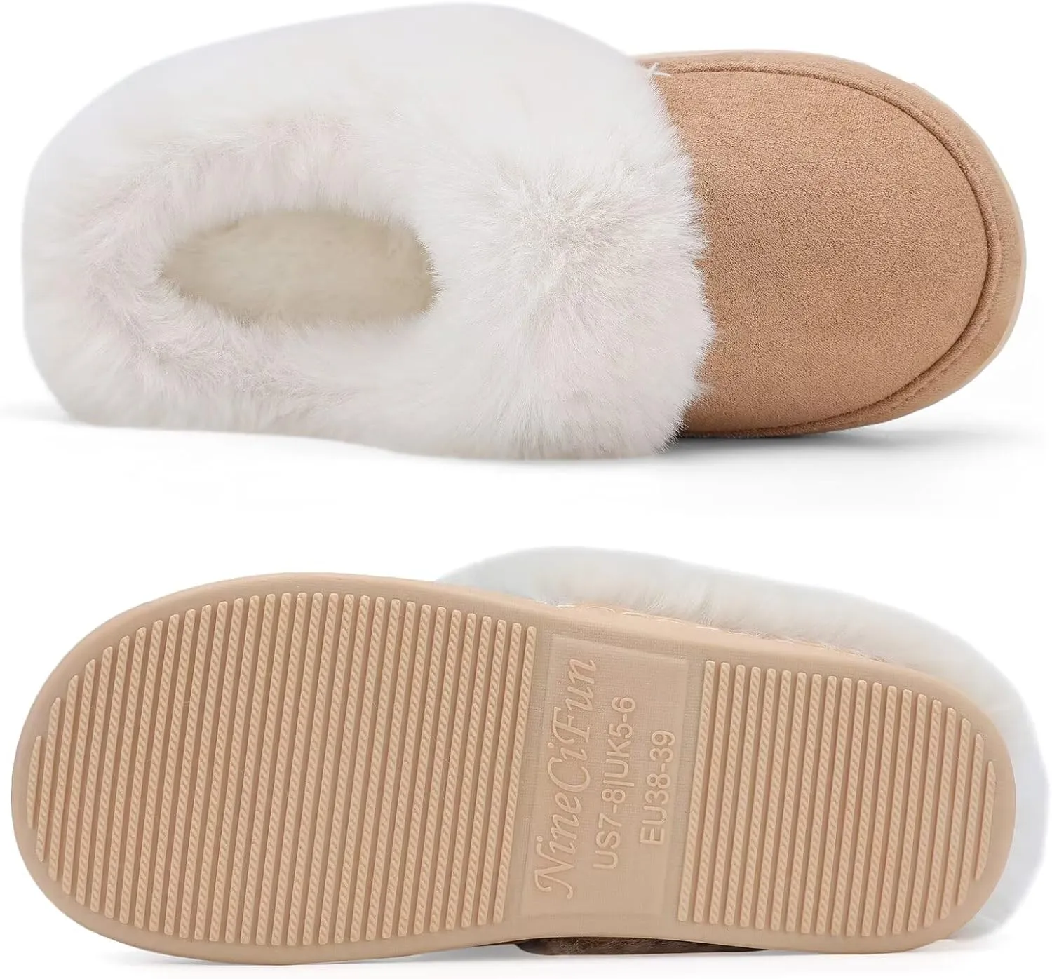 NineCiFun Women's and Men's Suede House Slippers Slip on Fuzzy Slippers with Faux Fur Lining Indoor Outdoor Home Shoes with Rubber Sole