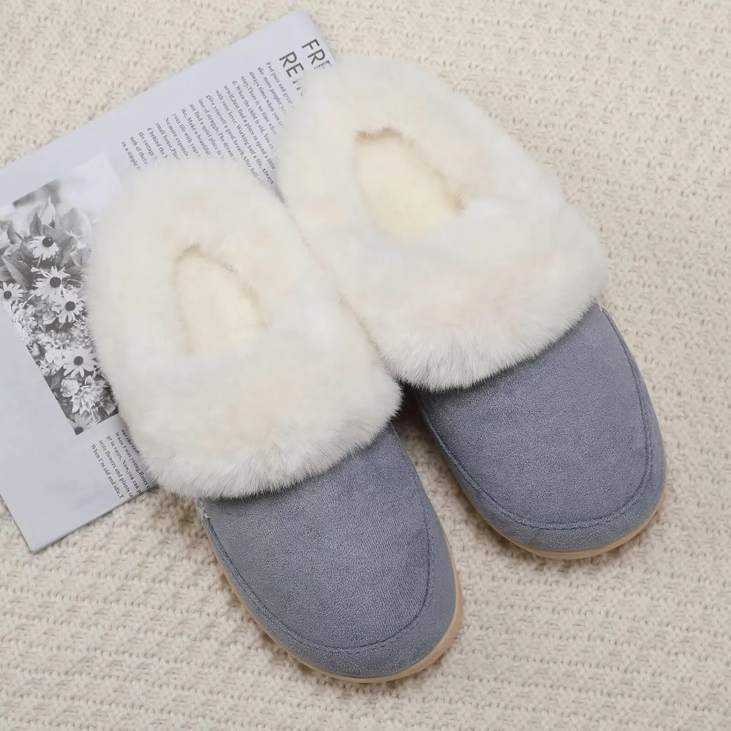 NineCiFun Women's and Men's Suede House Slippers Slip on Fuzzy Slippers with Faux Fur Lining Indoor Outdoor Home Shoes with Rubber Sole