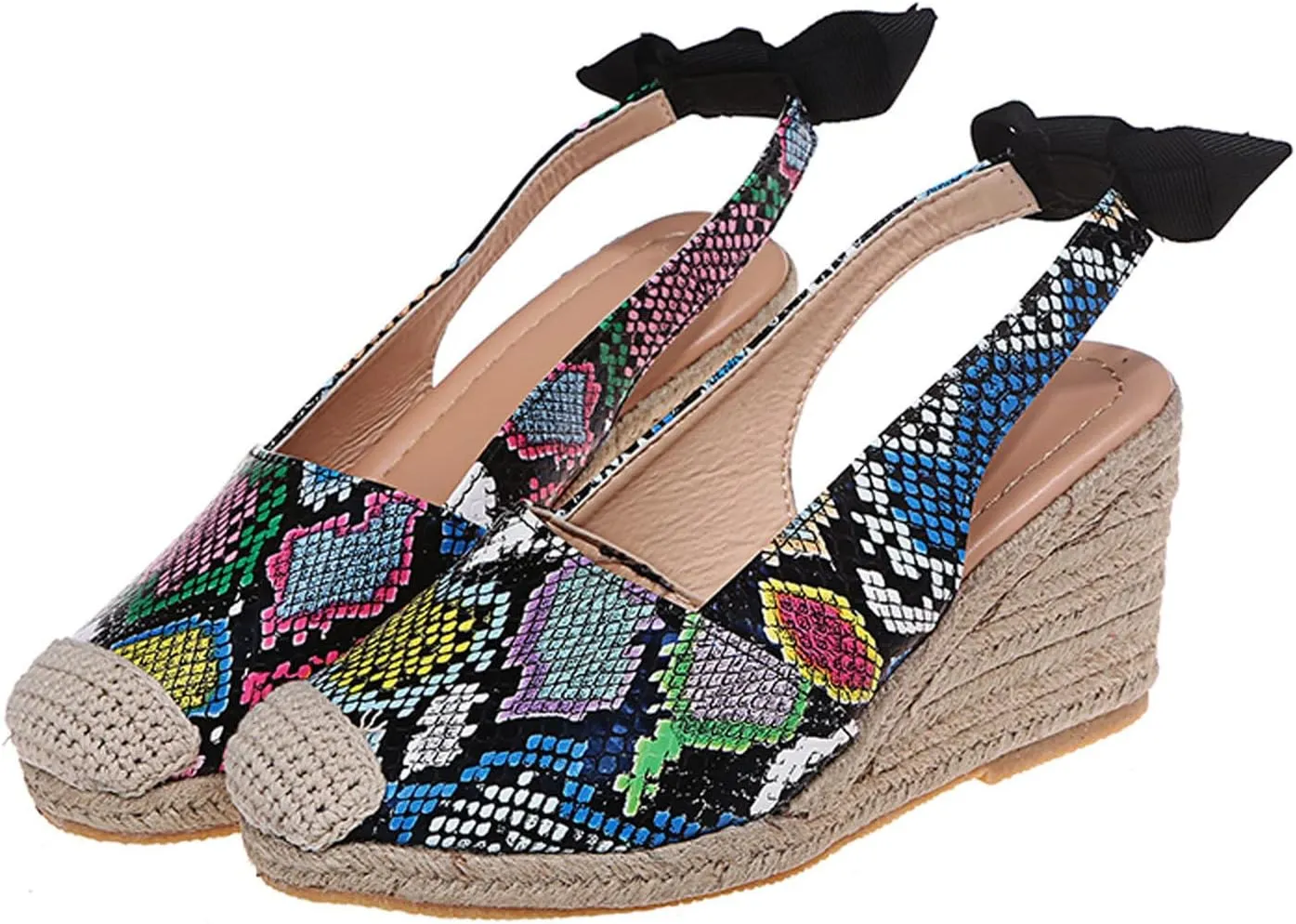 oiangi Espadrille Wedge Sandals for Women Dressy Summer Fashion Closed Toe Serpentine Bow Tie Slingback High Heel Sandals Comfy Outdoor Ladies Shoes