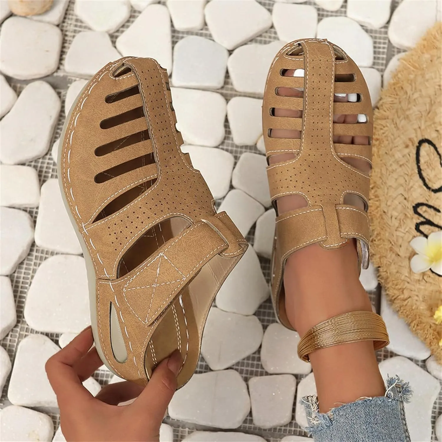 Orthopedic Sandals for Women Ankle Strap Closed Toe Wedge Platform Sandals Casual Summer Hollow Out Breathable Shoes