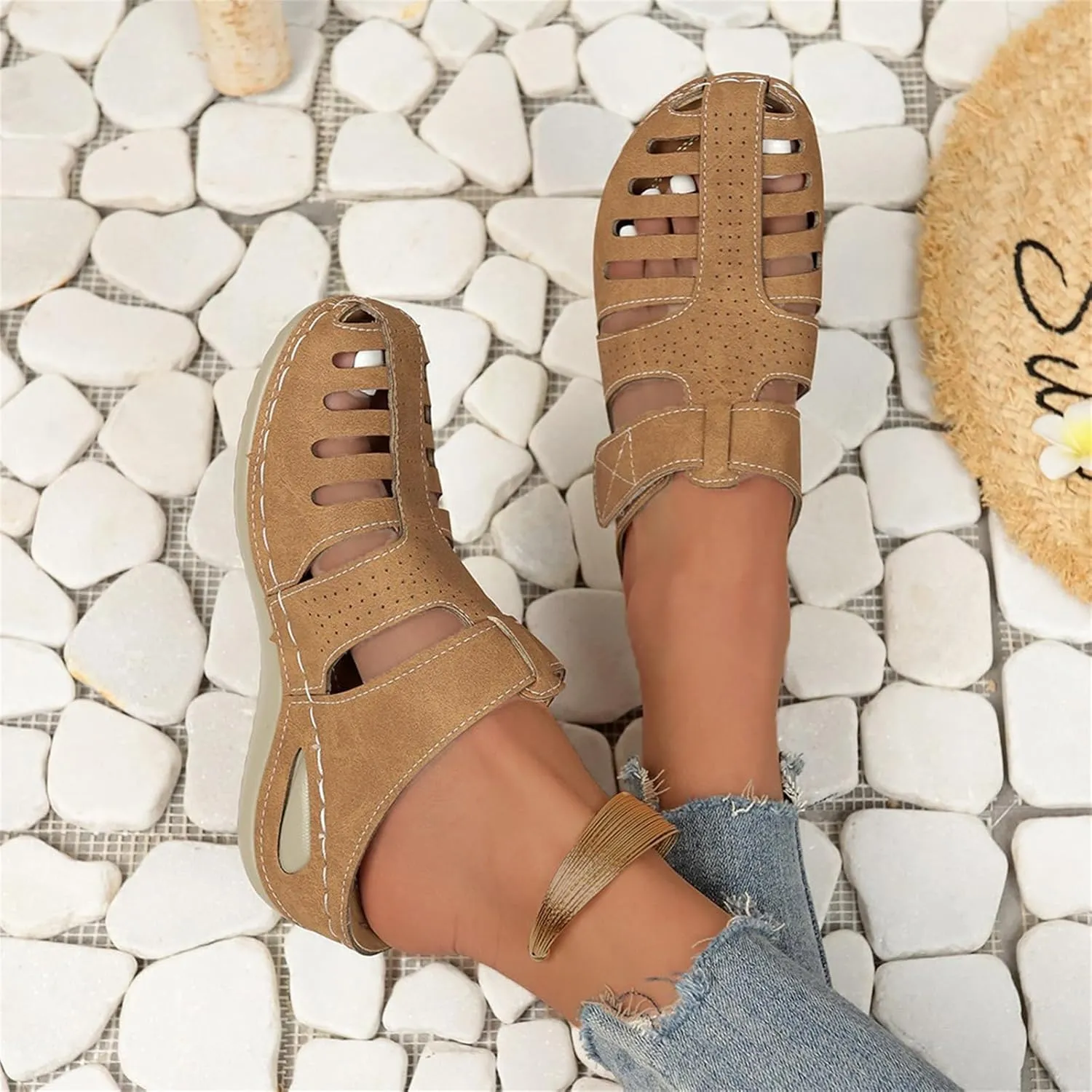 Orthopedic Sandals for Women Ankle Strap Closed Toe Wedge Platform Sandals Casual Summer Hollow Out Breathable Shoes
