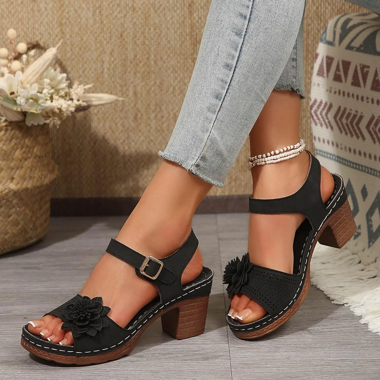 Platform Heels for Women 2025 Suede Chunky Heels Sandals Open Toe Block Heeled Sandals with Adjustable Straps Hollow Out Flowers Summer Shoes