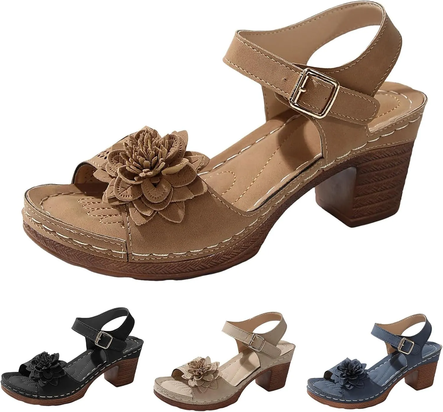 Platform Heels for Women 2025 Suede Chunky Heels Sandals Open Toe Block Heeled Sandals with Adjustable Straps Hollow Out Flowers Summer Shoes
