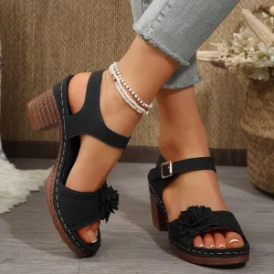 Platform Heels for Women 2025 Suede Chunky Heels Sandals Open Toe Block Heeled Sandals with Adjustable Straps Hollow Out Flowers Summer Shoes