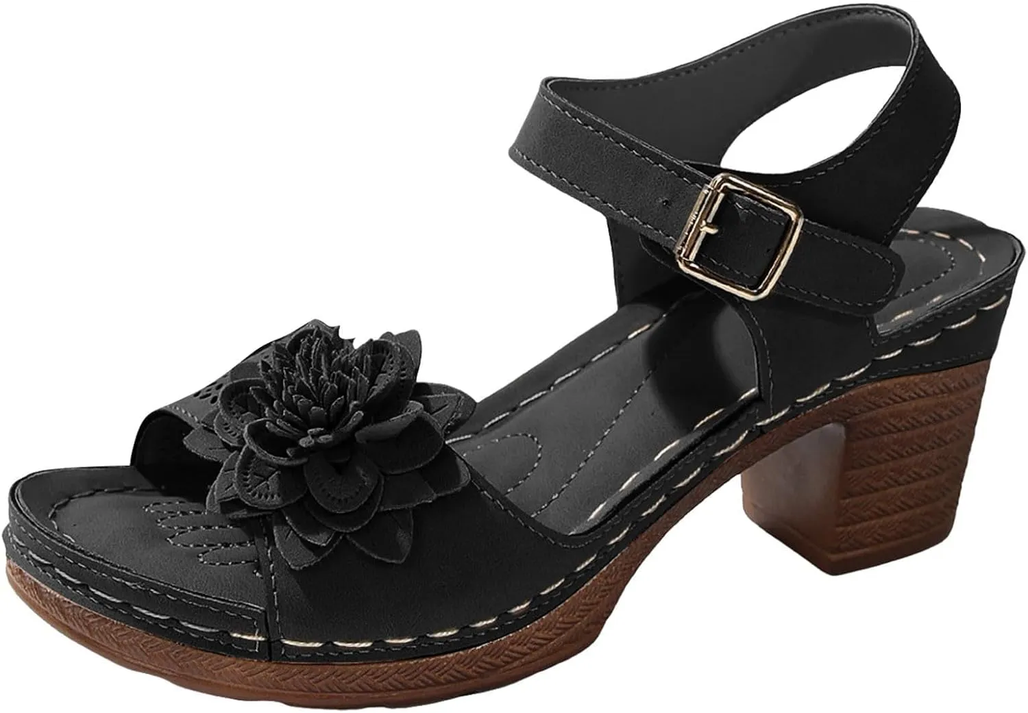 Platform Heels for Women 2025 Suede Chunky Heels Sandals Open Toe Block Heeled Sandals with Adjustable Straps Hollow Out Flowers Summer Shoes
